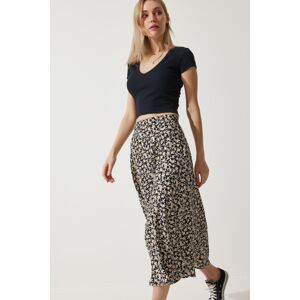 Happiness İstanbul Women's Black Beige Floral Slit Summer Viscose Skirt