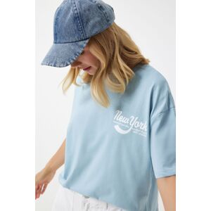 Happiness İstanbul Women's Sky Blue Printed Oversize Knitted T-Shirt