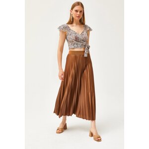 Olalook Milk Brown Leather Look A-Line Pleat Skirt