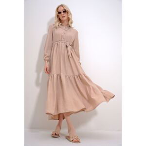 Trend Alaçatı Stili Women's Beige Buttoned Front Skirt Flounced Flamed Linen Maxiboy Dress