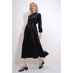 Trend Alaçatı Stili Women's Black Buttoned Front Skirt Flounced Flamed Linen Maxiboy Dress