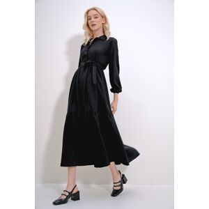 Trend Alaçatı Stili Women's Black Buttoned Front Skirt Flounced Flamed Linen Maxiboy Dress