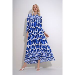 Trend Alaçatı Stili Women's Blue Robe Buttoned Patterned Tiered Flounce Woven Viscose Dress