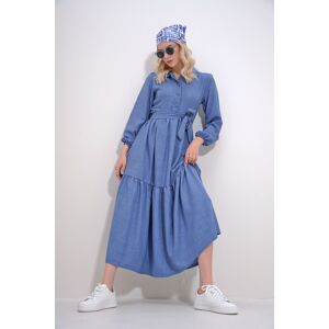 Trend Alaçatı Stili Women's Aviator Blue Buttoned Front Skirt Flounced Flamed Linen Maxiboy Dress