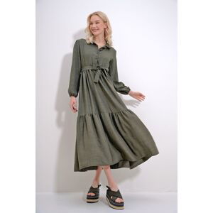 Trend Alaçatı Stili Women's Khaki Buttoned Front Skirt Flounced Flamed Linen Maxiboy Dress