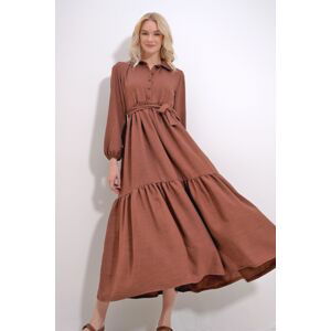 Trend Alaçatı Stili Women's Brown Buttoned Front Skirt Flounced Flamed Linen Maxiboy Dress