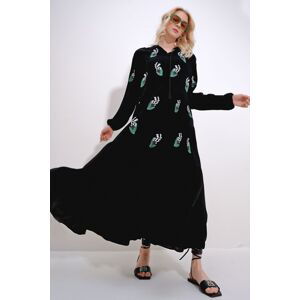 Trend Alaçatı Stili Women's Black Full Collar Embroidered Layered Flounce Woven Dress