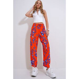 Trend Alaçatı Stili Women's Orange Elastic Waist Patterned Woven Viscose Trousers