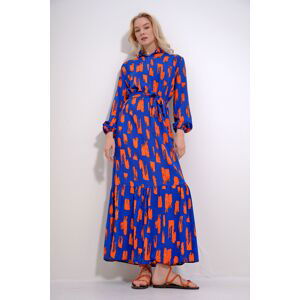 Trend Alaçatı Stili Women's Blue-Orange Crew Neck Patterned Skirt Flounce Belted Waist Maxiboy Dress