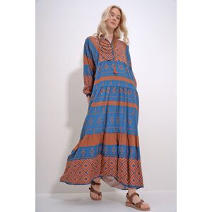 Trend Alaçatı Stili Women's Brown-Blue Collar Tassel Detailed Layered Flounced Ethnic Patterned Woven Viscose Dress