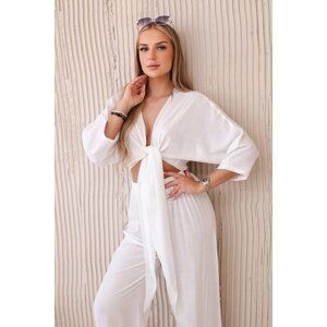Women's viscose top with ties at the bottom + trousers - white ecru