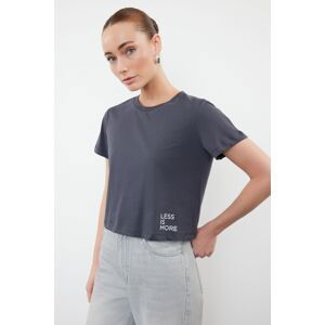 Trendyol Anthracite 100% Cotton Slogan Printed Crop Crew Neck Knitted T-Shirt