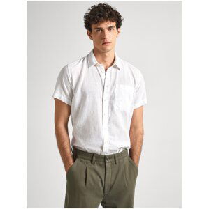 Pepe Jeans Men's White Linen Short Sleeve Shirt - Men's