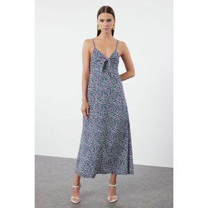 Trendyol Purple Floral Floral Patterned Straight Cut Tie Detailed Strap Midi Woven Dress
