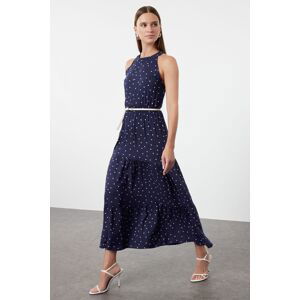 Trendyol Navy Blue Polka Dot Patterned A-Line Barbell Neck Maxi Woven Dress