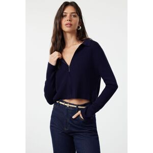 Trendyol Navy Blue Crop Zippered Knitwear Cardigan