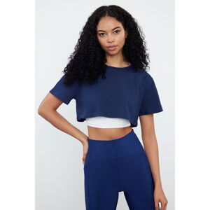 Trendyol Dark Navy Blue 2 Layer Reflective Print Detailed Crop Knitted Sports T-Shirt