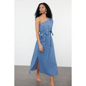 Trendyol Blue Belted Maxi Woven Muslin One-Shoulder Beach Dress