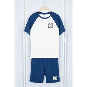 Trendyol Indigo Ecru Embroidered Raglan Sleeve Knitted Shorts Pajama Set