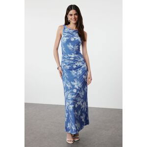 Trendyol Blue Floral Printed Shiny Surface Boat Kaya Fitted Flexible Knitted Pencil Dress