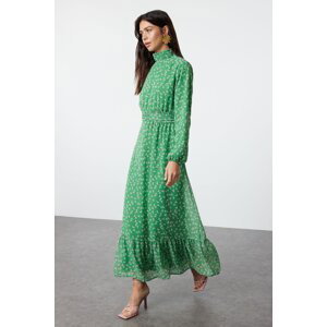 Trendyol Green Floral High Collar Waist Detailed Lined Chiffon Woven Dress