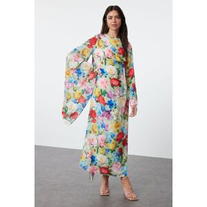 Trendyol Green Shawl Collar Floral Patterned Woven Evening Dress