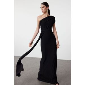 Trendyol Black Fitted Asymmetrical Neckline Waist Detailed Woven Long Elegant Evening Dress