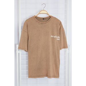 Trendyol Brown Oversize/Wide Cut Vintage/Faded Effect Printed 100% Cotton T-Shirt