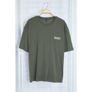 Trendyol Khaki Gray Oversize Crew Neck Slogan Knitted T-Shirt