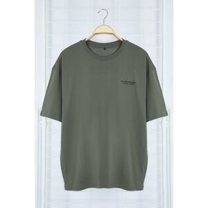 Trendyol Khaki Oversize/Wide Cut Text Printed Short Sleeve 100% Cotton T-Shirt