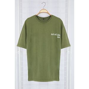 Trendyol Khaki Oversize/Wide Cut Faded Effect Text Printed 100% Cotton T-Shirt