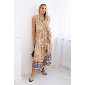 Women's viscose dress with decorative print - camel beige