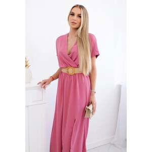 Women's long dress with decorative belt - dark pink