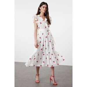 Trendyol Multicolored Floral Cherry Belted A-Line Double Breasted Collar Woven Dress