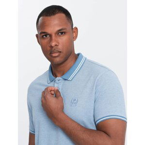 Ombre Men's melange polo shirt with striped collar - blue melange