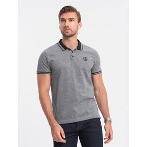 Ombre Men's melange polo shirt with striped collar - black melange