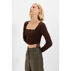 Trendyol Brown Square Neck Gathered Detailed Fitted/Situated Crop Elastic Knitted Blouse