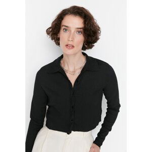 Trendyol Black Button Fitted Polo Neck Ruffle/Textured Crop Knitted Blouse