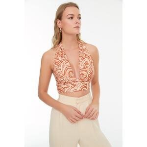 Trendyol Orange Printed Barter Neck Fitted Super Crop Stretchy Knitted Blouse