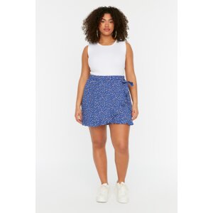 Trendyol Curve Blue Floral Patterned Woven Tied Shorts Skirt