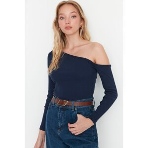 Trendyol Indigo Fitted Asymmetrical Neckline Off Shoulder Ribbed Stretch Knitted Blouse