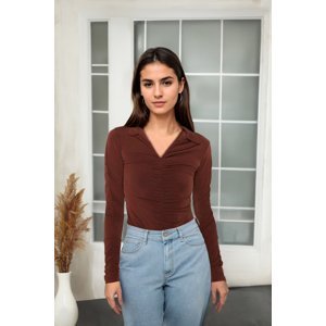 Trendyol Brown Slim Gathered Polo Neck Stretchy Knitted Blouse