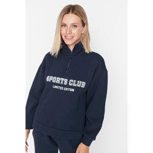 Trendyol Navy Blue Oversize/Wide Printed Zipper High Neck Thick Fleece Sweatshirt