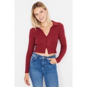 Trendyol Burgundy Button Detailed Fitted Crop Polo Neck Ribbed Flexible Knitted Blouse