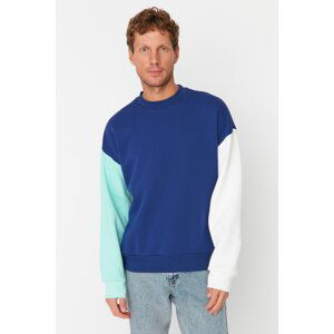 Trendyol Navy Blue Men's Oversized Long Sleeve Crew Neck Paneled Sweatshirt with Soft Pillows,