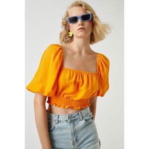 Koton Crop Blouse With Elastic Waist, Linen Blend