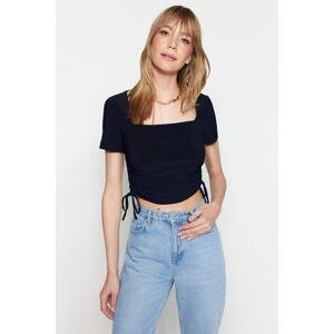 Trendyol Navy Blue Square Neck Gather Detailed Fitted Crop Stretchy Knitted Blouse