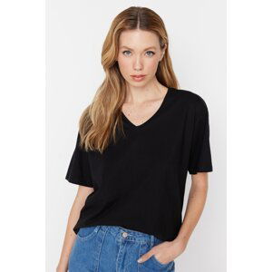 Trendyol Black 100% Cotton Oversize V Neck Knitted T-Shirt