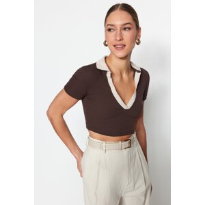 Trendyol Brown Fitted Polo Neck Crop Ribbed Stretch Knitted Blouse