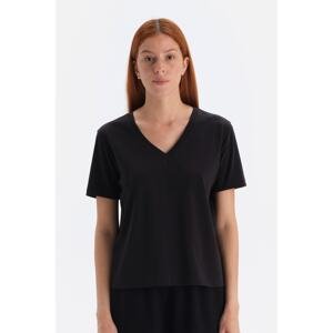 Dagi Black V-Neck Interlock Cotton Short Sleeve T-Shirt